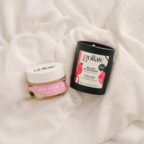 Lumânare de Masaj Organică + Balsam Intim Regenerant pentru Vulvă + Geantă Goliat  Cadou