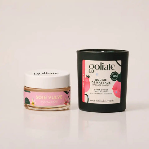Lumânare de Masaj Organică + Balsam Intim Regenerant pentru Vulvă + Geantă Goliat  Cadou